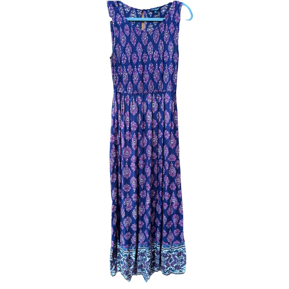 Lucky Brand Blue Medallion Print Smocked Maxi Dress XS Sleeveless Boho Viscose